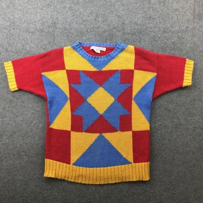 Vintage Geoffrey Beene Sweater Mens Small Red Yellow Blue Knit Short Sleeve 90s - Image 1 of 4