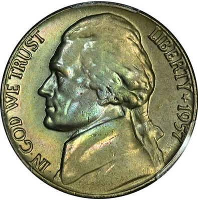 1957-P Jefferson Nickel PCGS MS66+ Great Electric Rainbow Toning - Image 1 of 4