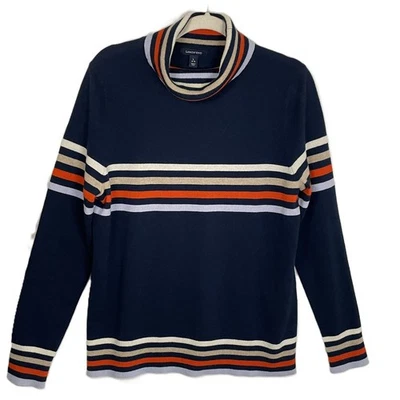 Lands' End L 14-16 Navy Stripe Merino Wool Cashmere Turtleneck Sweater - Image 1 of 4