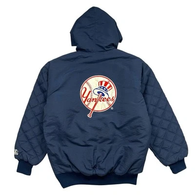 VTG 90s MLB NEW YORK YANKEES STARTER PUFFER JACKET CEMENT LINED QUILTED SIZE L - Image 1 of 4