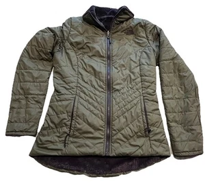 North Face Jacket Womes S/M Green Dark Grey Puffer Moosbud Reversible Faux Fur - Picture 1 of 11