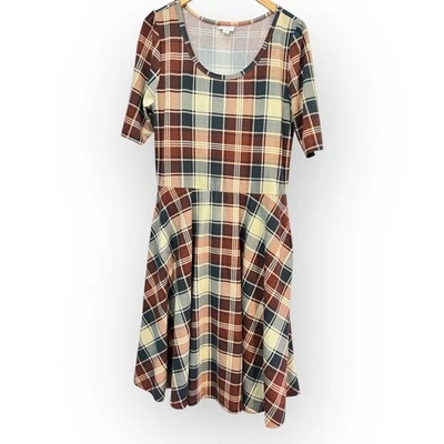 Lularoe Nicole XL Multicolor Brown Plaid Stretch 3/4 Sleeve Fit & Flare Dress - Image 1 of 4