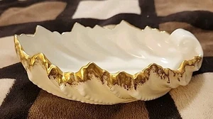 Lenox Acanthus 6" Leaf Shell Bowl Candy Dish Green Mark USA Ivory Gold Trim K - Picture 1 of 9