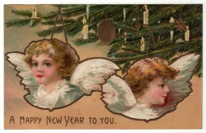 NEW YEAR ANGELS CHRISTMAS TREE CANDLES EMBOSSED POSTCARD 1917 - Picture 1 of 2