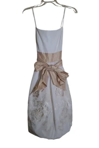 Boutique Ivory Satin Gold Floral Sash Belt Spring Cocktail Dress Prom Formal 8 - Picture 1 of 6
