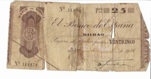 ESPAÑA: 25 PESETAS BANCO DE BILBAO. AÑO 1936. SIN SERIE. MAL. MUY ESCASO E IDEAL - Imagen 1 de 2