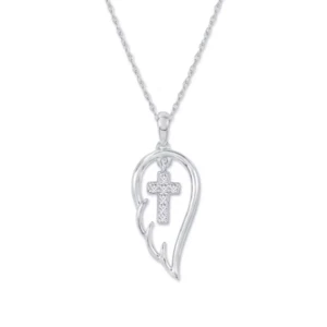 Women's Religious Pendant 0.04 Ctw Natural Diamond Wing Cross Pendant 925 Silver - Picture 1 of 3