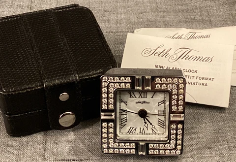 Seth Thomas Luxury Mini Travel Clock Silver Tone Metal in Leather Case Jeweled Cover