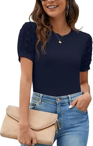 Womens Short Sleeve Blouse Business Casual Dressy Tops Ribbed Summer Stylish Wor - Picture 1 of 12