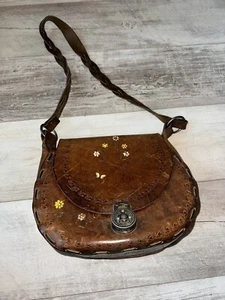 Vintage Shoulder Purse Bag Handmade Brown Leather Carved w Flowers Hippie - Picture 1 of 12