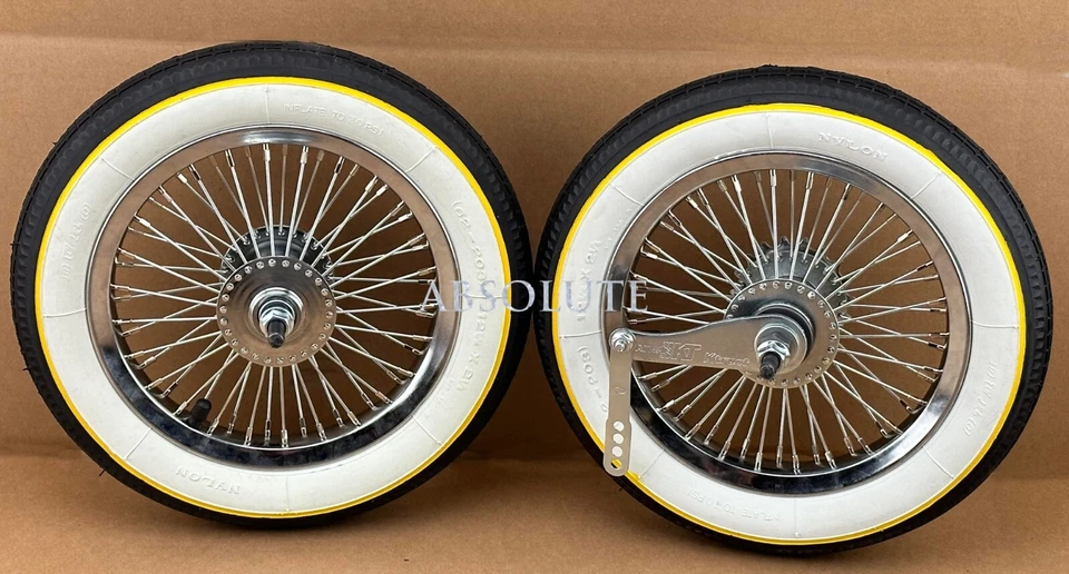 JUEGO DE RUEDAS DE BICICLETA 12" CROMADAS 52 RADIOS NEUMÁTICOS 14G WHITEWALL YELLOW LINE SLICK II. Foto 1 de 2