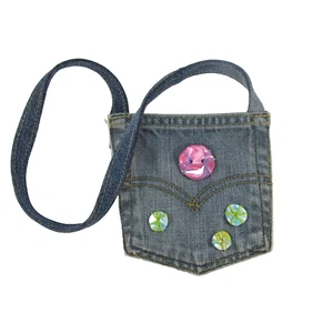 Handmade Girls Blue Jean Pocket Bag with Decorative Clay Buttons - Picture 1 of 9