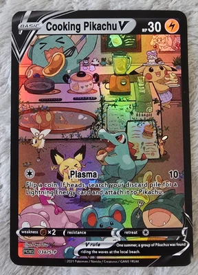 ART CARD ~ Cooking Pikachu V Pichu Cutiefly Marill Illustration Immersive HOLO - Image 1 of 4