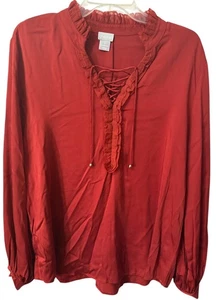Chico’s Rüschenbluse mit Bindekragen sandwash Satin gewürzt rot Größe 3 neu ohne Etikett - Bild 1 von 3