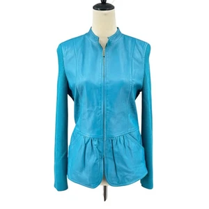 St. John 4 Teal Blue Soft Leather Wool Blend Knit Sleeves Silk Lining Zip Jacket - Picture 1 of 15