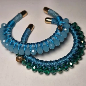 2er Set BuDhaGirl Sankalpa Manschette Kristall Perlen Armbänder Blau Grün Gold Akzent - Bild 1 von 8