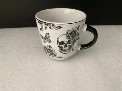 Gothic Skull Coffee Mug Ceramic Flowers Butterflies Halloween Day Of the Dead - Image 1 of 4