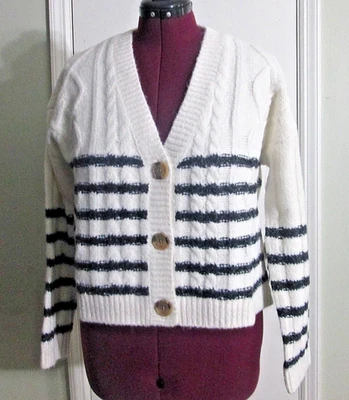 Lucky Brand Women's XL Striped Cable Knit Cardigan Button Front Black White NWT - Image 1 of 4