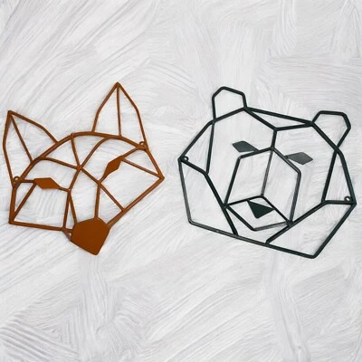 2 cabezas de metal para colgar en la pared cara de zorro naranja geométrico y oso verde de hierro fundido Foto 1 de 4