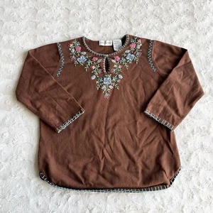 Vtg Floral Blouse Shirt Womens Small Brown Embroidered Beaded Knit White Stag - Picture 1 of 11