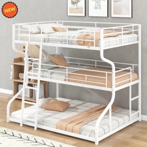 White Metal Frame Full XL Over Twin XL Over Queen Triple Bunk Bed Cama Litera - Picture 1 of 12
