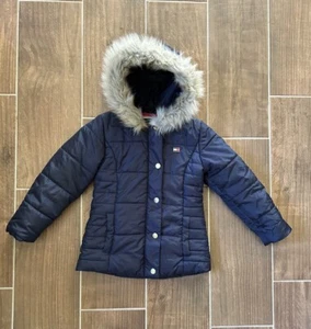 Tommy Hilfiger Puffer Coat Girls Size 7 Navy Blue Fleece Lined Faux Fur Hood - Picture 1 of 13
