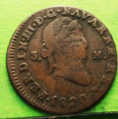 FERNANDO VII, 3 Maravedi, 1820, PAMPLONA, Copper, SPAIN, Bust wide - Image 1 of 2