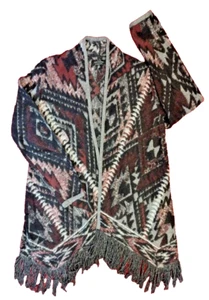 Lucky Brand Women's Aztec Black and Maroon Fringe Open Cardigan Size Medium - Picture 1 of 3
