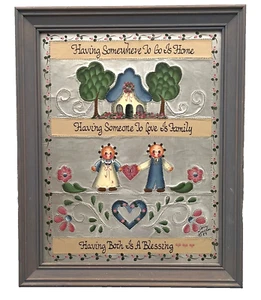 Tin Punch Folk Art  Picture Framed Wall Decor Home Family Blessing Heart signed - Picture 1 of 7