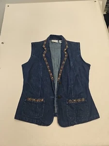 New Direction Women's Blue Denim Vest Size L Wood Bead Embellished Boho - Picture 1 of 6
