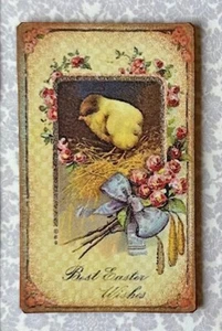 Miniatur Puppenhaus Antik OSTERN Küken Vintage Postkarte Schild blaue Schleife ROSEN  - Bild 1 von 4