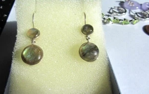 Labradorite Sterling Silver double discs drop dangle Hook Earrings. Stamped 925. - Picture 1 of 12