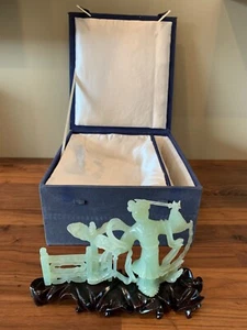 Vintage Chinese Green Jade Statue Carving With Original Stand and Box - Picture 1 of 24