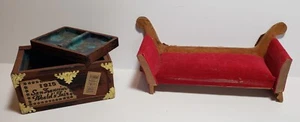 Shakman - Wooden Doll House Furniture ~ Red Felt Chaise Lounge & Attic Trunk - Photo 1/12