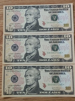 2004A $10 "STAR NOTE" BOSTON DISTRICT UNC/GEM LOT (3) CONS SERIAL # 00 START - Image 1 of 4