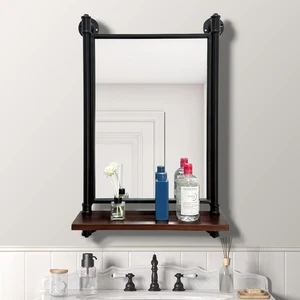 Industrial Pipe Mirror Wood Shelves,Bedroom Mirror with Shelf,Rectangle Iron ... - Picture 1 of 4