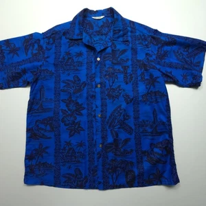 VTG Made In Hawaii Mens Shirt XL Blue Hawaiian Tiki Island Life Print Camp Aloha - Picture 1 of 24