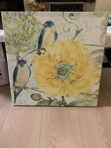 Blue birds & Yellow Flower Gathering Wall Art Wrapped Canvas Painting Print - Picture 1 of 6