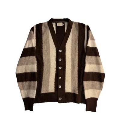 Vintage 1970s Brent striped Cardigan Brown White Fuzzy Wool Blend Small - Image 1 of 4