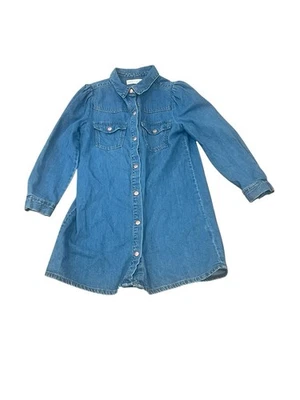 Zara Girls 8 Blue Denim Shirt Dress Long Puff Sleeves Western Pockets 8367/700 - Image 1 of 4