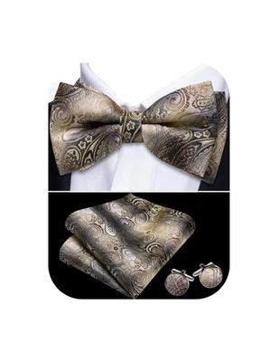 Pajarita Champagne Dorado Negro para Hombres Paisley Seda Pre-Atada Pajarita Bolsillo Squa... Foto 1 de 4