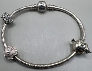 Sterling Silver 3mm Pandora Charm Bracelet W/ Cupcake, Teapot And Flowers 26.99g - Picture 1 of 10
