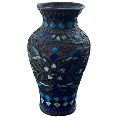 Jarrón Cloisonne chino vintage mini brote en cobre floral hecho a mano patrimonio 3-1/2" Foto 1 de 4