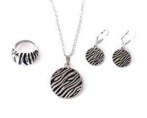 STAINLESS STEEL BLACK ENAMEL TIGER PATTERN SET OF RING EARRINGS AND PENDANT - Picture 1 of 10