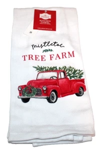 Christmas Themed Flour Sack Towel Red Truck With Tree Mistletoe White Cotton - Picture 1 of 3