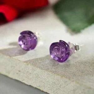 Amethyst Rose Earrings Sterling Silver Handmade Carved Crystal Healing Jewelry - Picture 1 of 5