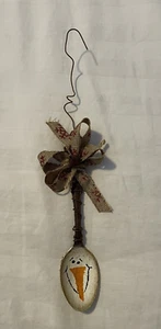 Christmas Ornament - Handcrafted Primitive Snowman Spoon w/bow - Rustic Cottage - Picture 1 of 9