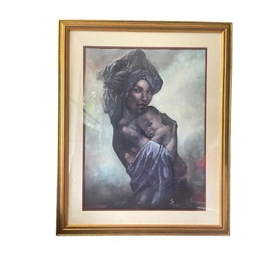 African Mother And Child Canvas Painting Print Vintage 26 X 32 Gold Frame - Image 1 of 4