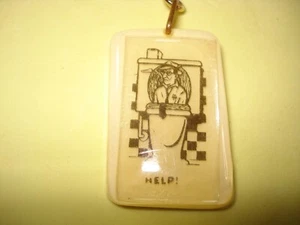 Vintage Plastic/Lucite? Rectangle 'Help'-Man In Toilet Key Chain 80's - Picture 1 of 3