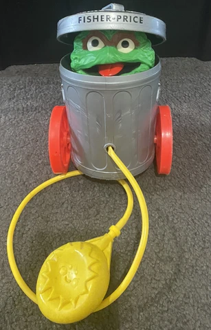 Vintage 1977 Fisher-Price Oscar The Grouch Pop-Up Pull Toy Trash Can Working Cover